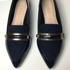 Zara Navy blue patent leather and suede loafers.